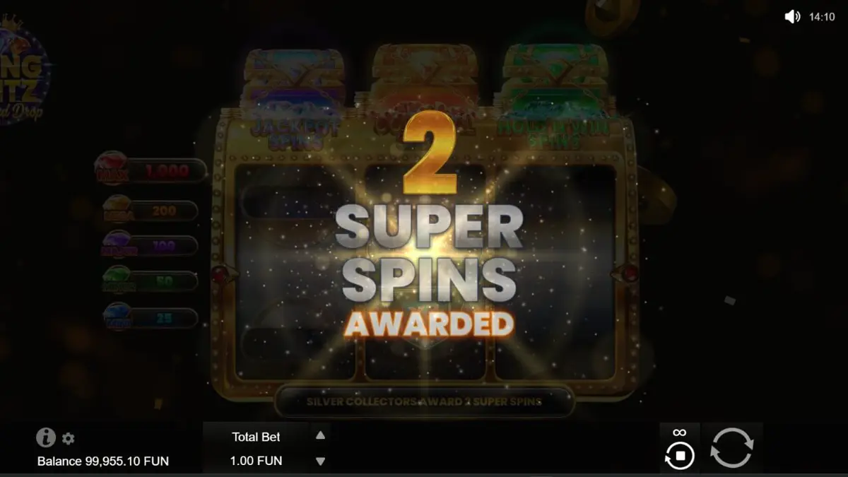 Interface brilhante do jogo Bling Blitz Diamond Drop com diamantes e moedas douradas.