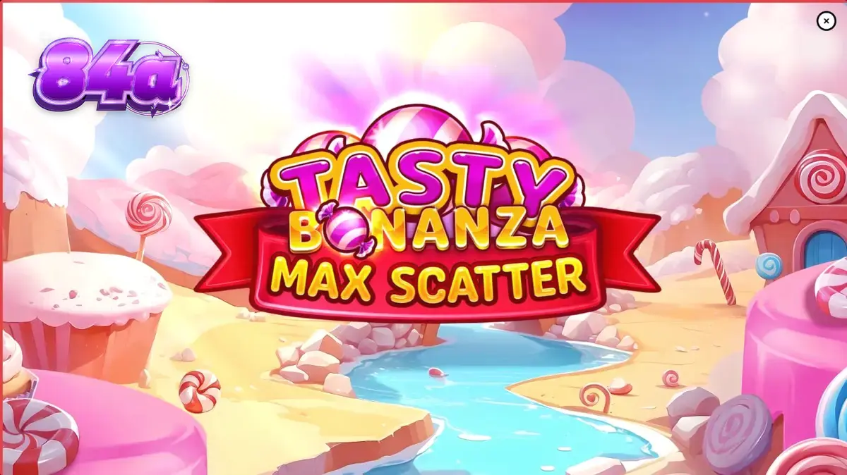 Interface colorida e vibrante do jogo Tasty Bonanza Max Scatter com doces e elementos visuais lúdicos.